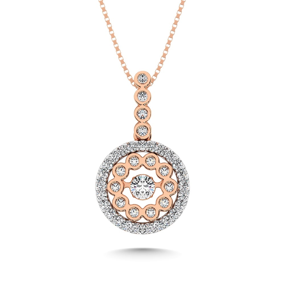 10K Two Tone 1/2 Ct.tw Diamond Fashion Pendant: 10K Two Tone 1/2 Ct.tw Diamond Fashion Pendant This amazing pendant is available in 10K Gold. There are 40 round diamonds with a total carat weight of 1/2 Ct.Tw. set in a bezel / shared prong setting.