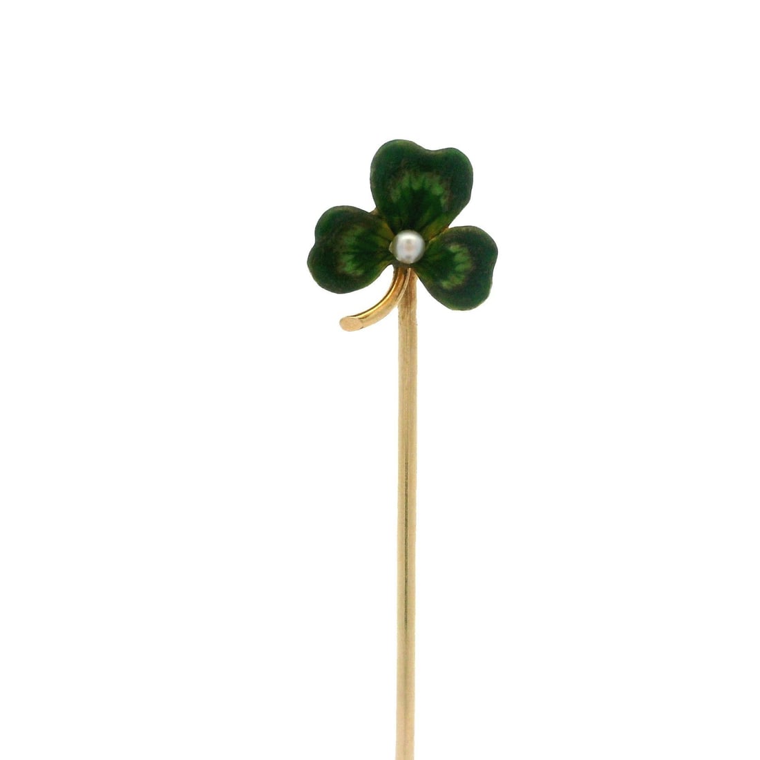 Antique Art Nouveau 14K Gold Seed Pearl Green Enamel Clover Stick Pin: Antique Art Nouveau 14K Gold Seed Pearl Green Enamel Clover Stick Pin This exquisite Antique Art Nouveau stick pin features a charming lucky clover design adorned with a genuine cultured seed pearl an