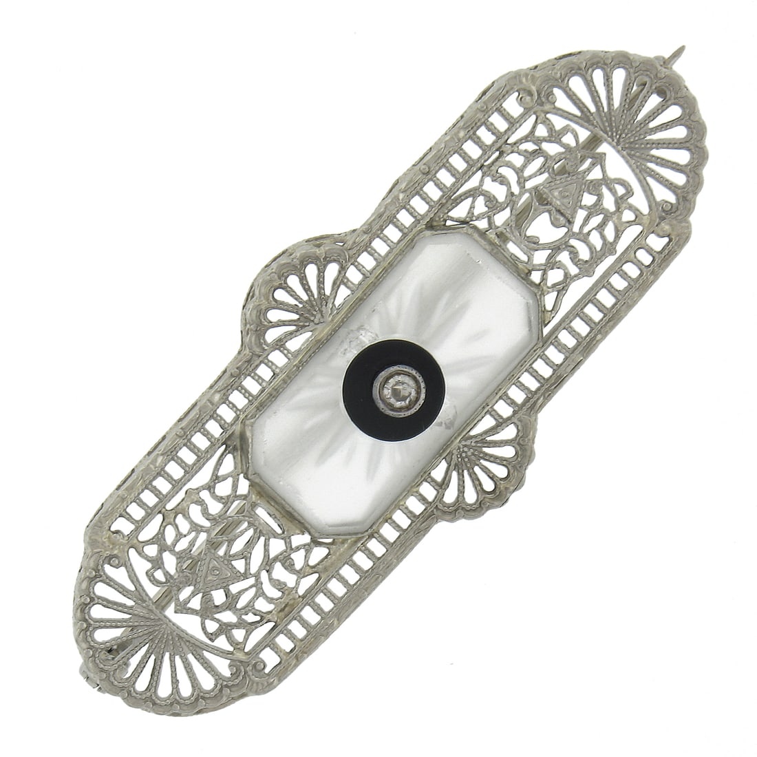 Art Deco 14k White Gold Filigree Diamond Onyx Camphor Glass Brooch: Art Deco 14k White Gold Filigree Diamond Onyx Camphor Glass Brooch This exquisite Antique Art Deco brooch features a stunning combination of 14k white gold, camphor glass, a natural diamond, and a rou