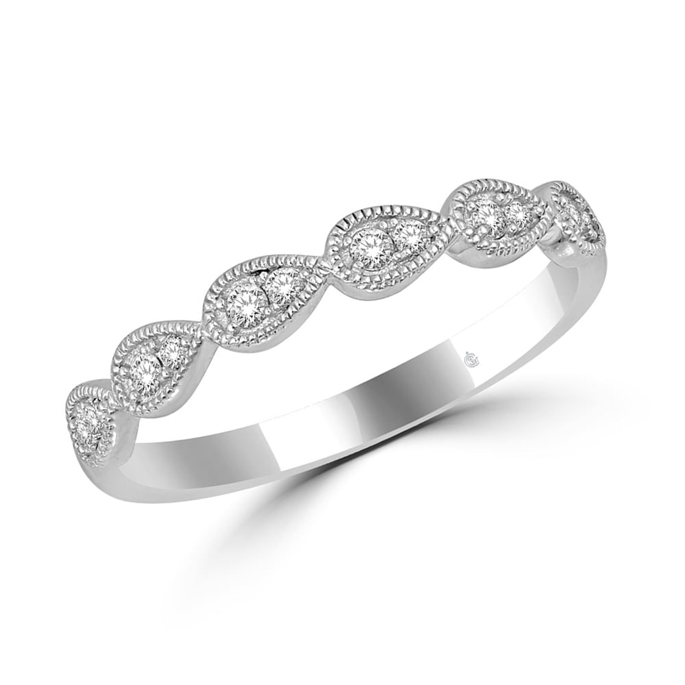 14K White Gold 1/8 Ct.Tw. Diamond Stackable Band: 14K White Gold 1/8 Ct.Tw. Diamond Stackable Band This Glamorous Stackable Band Fashioned In Cool 14K White Gold And Outline With Milgrain Frame. Captivating With 1/8 Ct. T.W. Of Diamonds And A Brillia