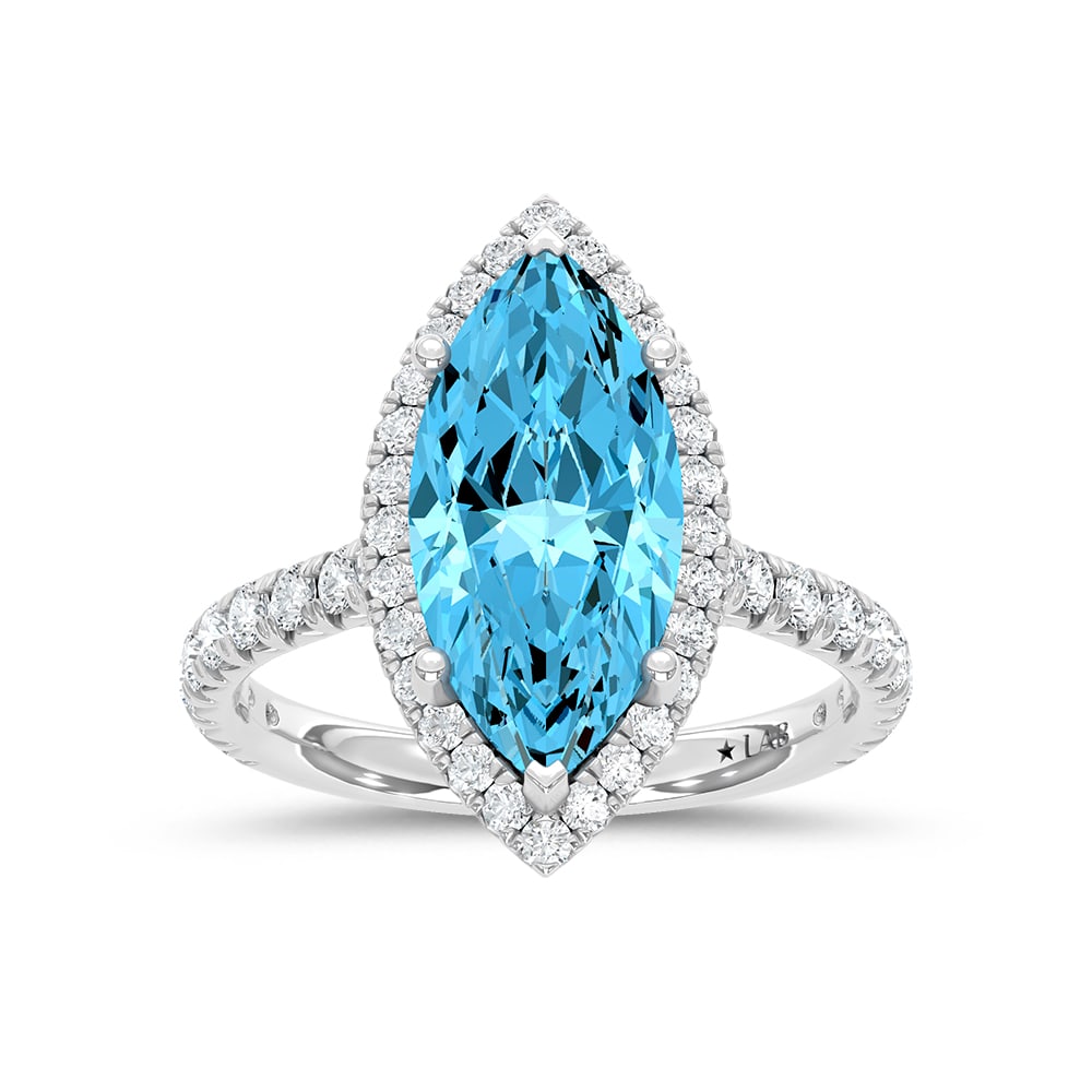 14K White Gold Lab Grown Diamond 3 3/4 Ct.Tw. Blue Marquise Engagement Ring (Center 3ct): 14K White Gold Lab Grown Diamond 3 3/4 Ct.Tw. Blue Marquise Engagement Ring (Center 3ct) Make a statement of elegance with this 14K White Gold Engagement Ring, featuring a stunning 3-carat lab-grown b