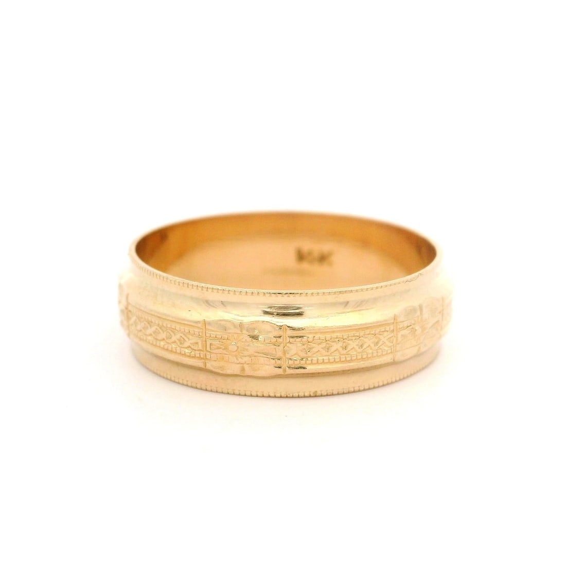 Vintage Retro 14K Rosy Yellow Gold 6.2mm Eternity Engraved Band Ring Size 7: Vintage Retro 14K Rosy Yellow Gold 6.2mm Eternity Engraved Band Ring Size 7 This beautiful vintage retro eternity band ring is crafted from solid 14k rosy yellow gold, featuring a classic milgrain eng