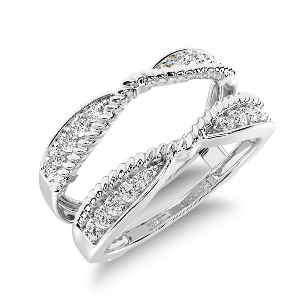 14K White Gold 1/4 Ct.Tw. Diamond Rope Twist Guard Ring: 14K White Gold 1/4 Ct.Tw. Diamond Rope Twist Guard Ring This beautiful Guard ring is available in 14K White Gold. There are 20 round diamonds with a total carat weight of 1/4 Ct.Tw. set in a Shared Pr
