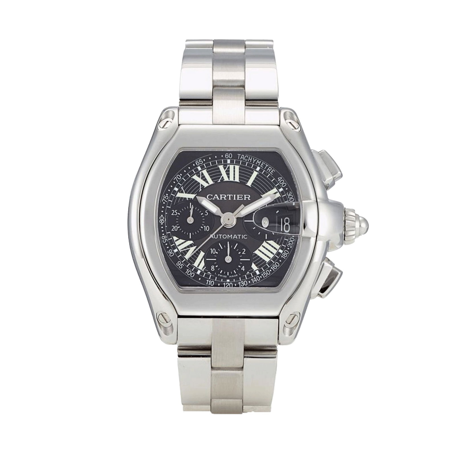 40mm Cartier Roadster Ref 2618 Stainless Steel Black Dial Watch: 40mm Cartier Roadster Ref 2618 Stainless Steel Black Dial Watch This Cartier Roadster features a black dial and a 40mm stainless steel case. The watch is in very good condition and comes with 10 links