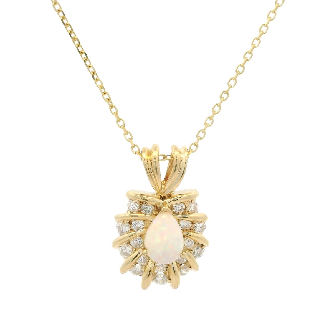 14K Yellow Gold Opal Diamond Halo Necklace 18 Inch Adjustable: 14K Yellow Gold Opal Diamond Halo Necklace 18 Inch Adjustable This exquisite necklace features a stunning pear-shaped opal, prong set to highlight its captivating color play against a white base. Surr