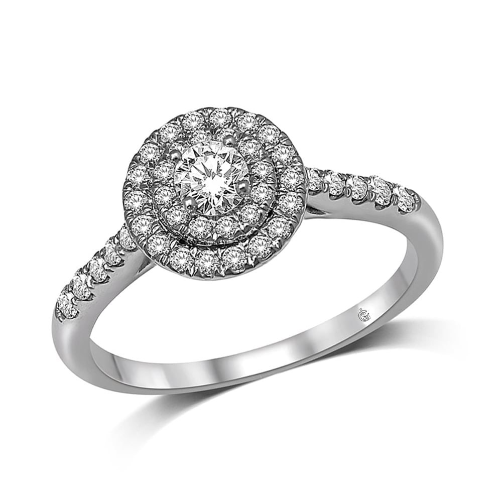 14K White Gold 1/2 Ct.Tw. Diamond Halo Engagement Ring: 14K White Gold 1/2 Ct.Tw. Diamond Halo Engagement Ring Win her heart with this exceptional diamond engagement ring. Created in 14K white gold, the eye is drawn to round diamond center stone. A halo fr