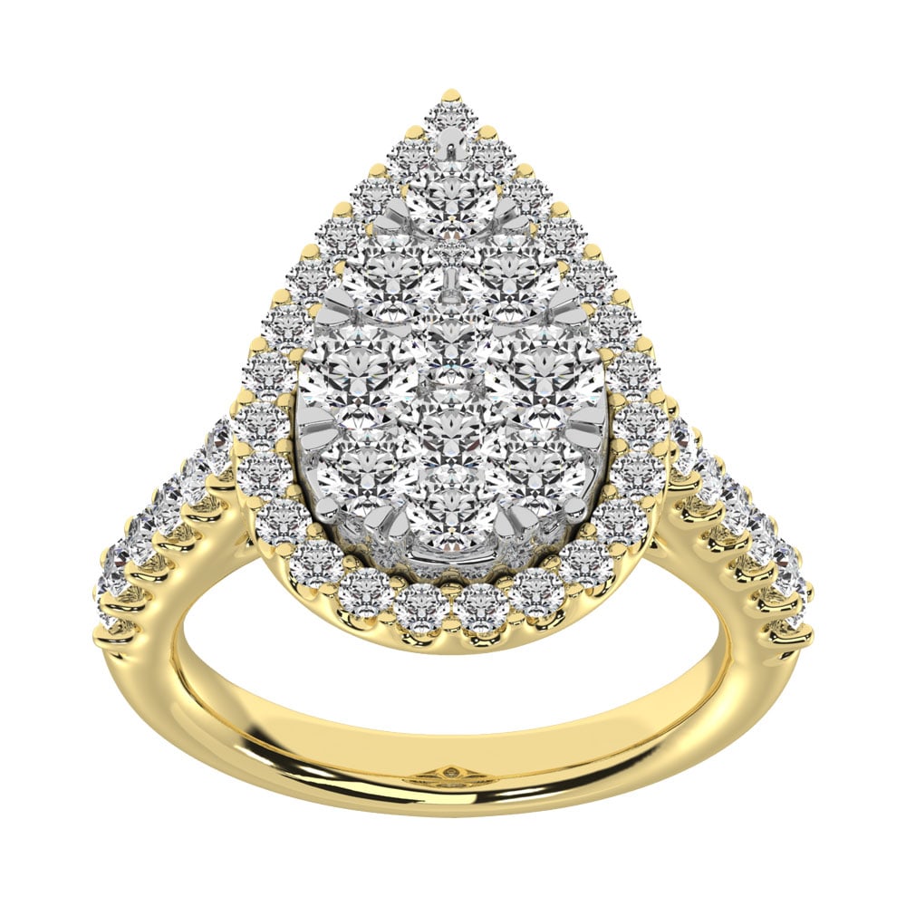 14K Yellow Gold 1 Ct.tw Diamond Fashion Ring: 14K Yellow Gold 1 Ct.tw Diamond Fashion Ring Stunning 14K Yellow gold 1 Ct.Tw. diamond fashion ring features a pear shape cluster head and surrounded by a frame of shimmering diamonds. Additional roun