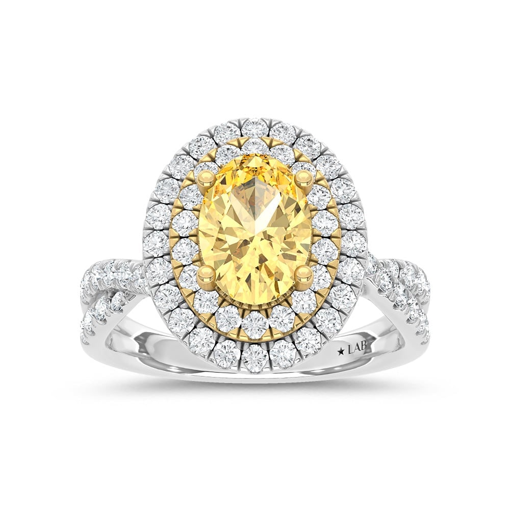 14K Two Tone Gold Lab Grown Diamond 2 7/8 Ct.Tw. Yellow Oval Shape Engagement Ring (Center 2ct): 14K Two Tone Gold Lab Grown Diamond 2 7/8 Ct.Tw. Yellow Oval Shape Engagement Ring (Center 2ct) Make a statement of timeless elegance with this 14K Two-Tone Gold Engagement Ring, featuring a dazzling