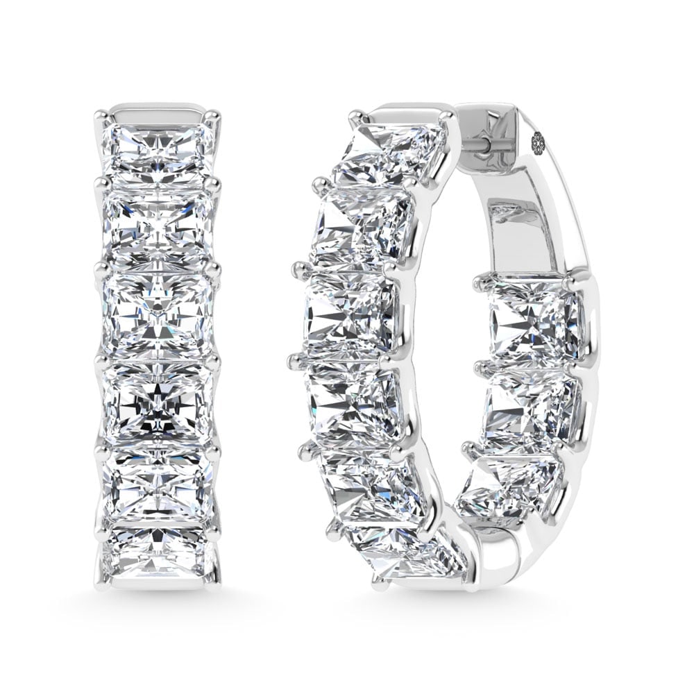 14K White Gold 9 Ct.Tw. Lab Grown Diamond In and Out Vertical Radiant Shape Hoop Earring: 14K White Gold 9 Ct.Tw. Lab Grown Diamond In and Out Vertical Radiant Shape Hoop Earring Statement 14K white gold hoops with 9 Ct.Tw. lab-grown diamonds in vertical radiant shape. 14k White Gold Stone