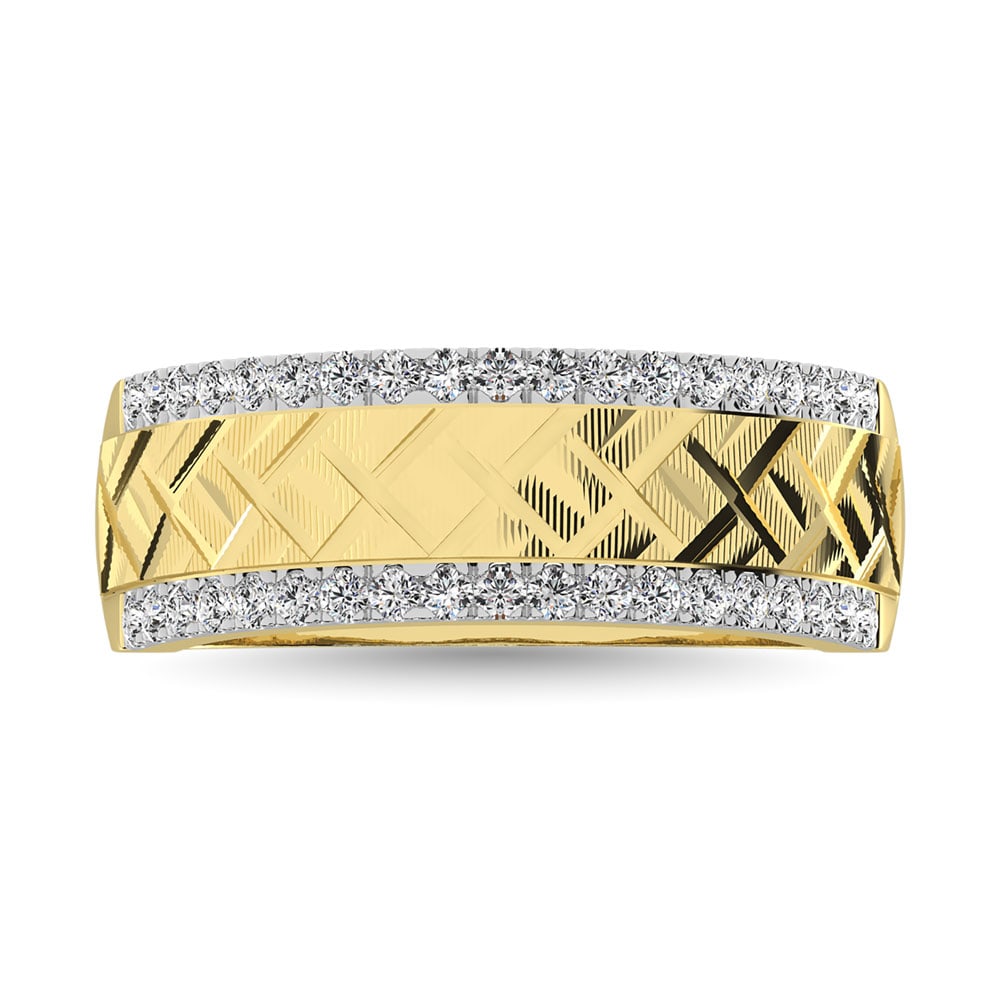 14K Yellow Gold 1/2 Ct.Tw. Diamond Machine Mens Band: 14K Yellow Gold 1/2 Ct.Tw. Diamond Machine Mens Band This Eye-Catching Ring Is Available In 14K Yellow Gold. There Are 38 Machine Band Round Diamonds With A Total Carat Weight Of 1/2Ct.Tw. Set In A Ma