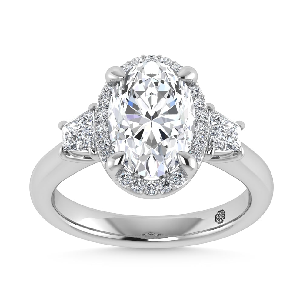 14K White Gold Lab Grown Diamond 3 1/2 Ct.Tw. Engagement Ring (IGI Certified Center 3ct): 14K White Gold Lab Grown Diamond 3 1/2 Ct.Tw. Engagement Ring (IGI Certified Center 3ct) This stunning three-stone ring features a sparkling 3 CT Oval Center diamond with two shimmering side diamonds,