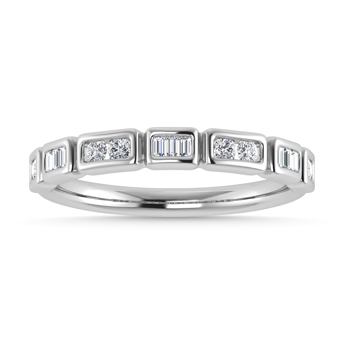 Diamond 1/5 Ct.Tw. Round and Straight Baguette Stack Band in 14K White Gold: Diamond 1/5 Ct.Tw. Round and Straight Baguette Stack Band in 14K White Gold 14k White Gold Stone Color: G-h Stone Clarity: I1 This item may take 2-5 weeks for shipping. The Diamond Depot Guarantee: Al