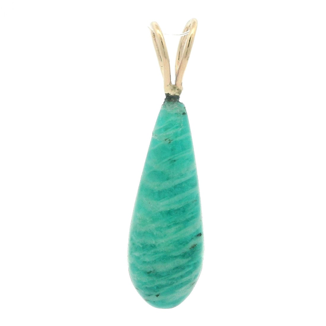 14k Yellow Gold Teardrop Amazonite Pendant Natural Stone: 14k Yellow Gold Teardrop Amazonite Pendant Natural Stone This exquisite pendant features a solid 14k yellow gold construction with a beautiful teardrop-shaped natural amazonite stone. The pendant show