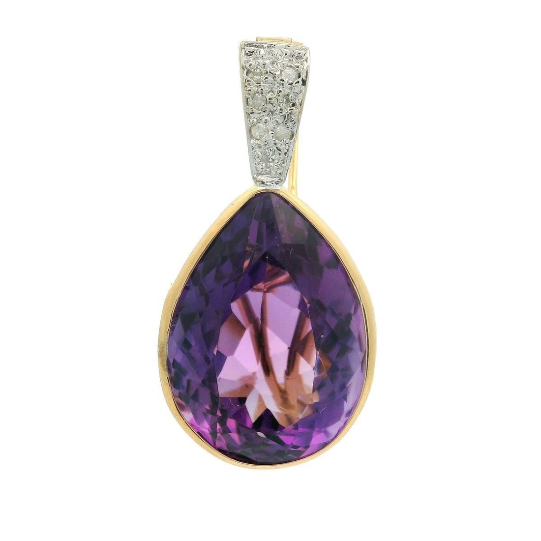 14k Yellow Gold Teardrop Amethyst Pendant with Diamond Bail: 14k Yellow Gold Teardrop Amethyst Pendant with Diamond Bail This exquisite 14k yellow gold teardrop amethyst enhancer pendant features a stunning genuine natural amethyst in a bezel setting, showcasin