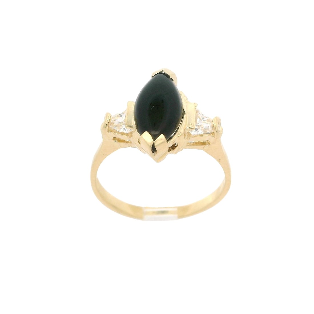 14k Yellow Gold 3 Stone Ring with Black Onyx and Cubic Zirconia: 14k Yellow Gold 3 Stone Ring with Black Onyx and Cubic Zirconia This exquisite 14k Yellow Gold ring features a striking design with a marquise-shaped natural black onyx as the centerpiece. The onyx is