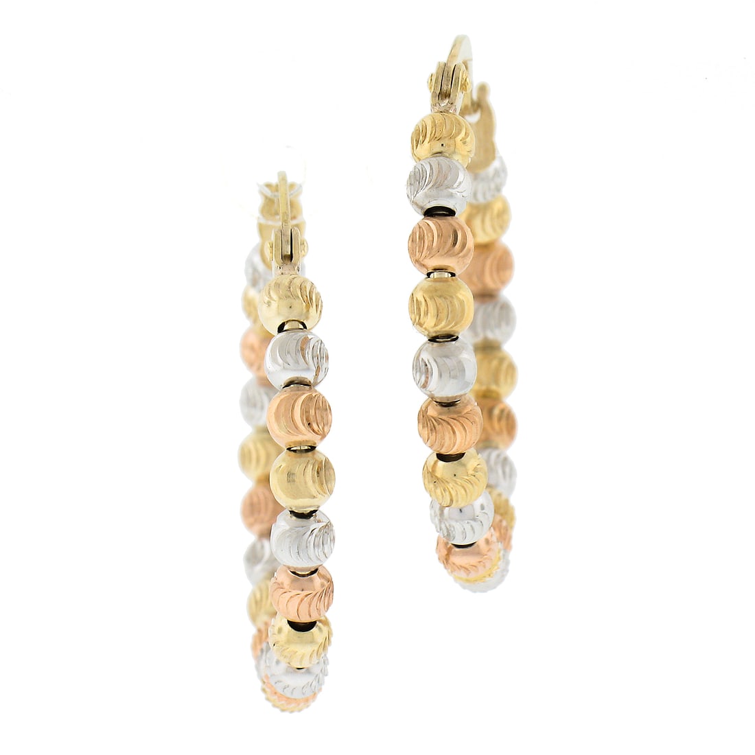 14K Tri Color Gold 25mm Mooncut Bead Hoop Earrings with Snap Closure: 14K Tri Color Gold 25mm Mooncut Bead Hoop Earrings with Snap Closure Elevate your jewelry collection with these stunning 14K Tri Color Gold Mooncut Brilliant Bead Hoop Earrings. Crafted from solid yel