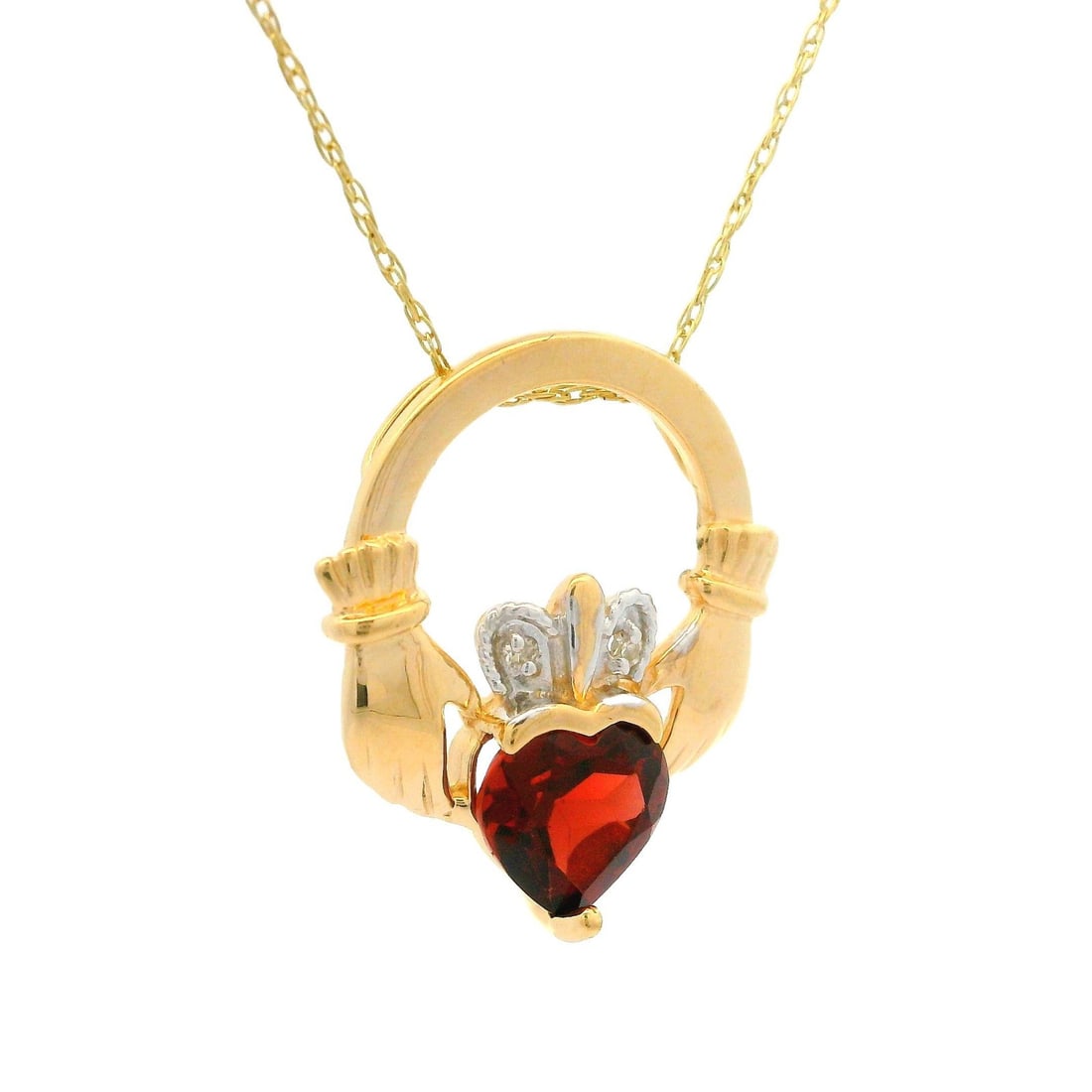 14k Yellow Gold Claddagh Heart Pendant Necklace with Garnet and Diamond: 14k Yellow Gold Claddagh Heart Pendant Necklace with Garnet and Diamond This exquisite 14k Yellow Gold Garnet & Diamond Claddagh Heart Pendant features a stunning design, symbolizing love, loyalty, an