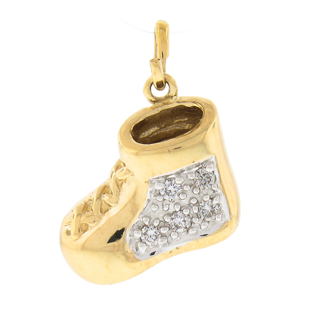 10K Yellow Gold 0.07ct Diamond Lucky Baby Shoe Charm Pendant: 10K Yellow Gold 0.07ct Diamond Lucky Baby Shoe Charm Pendant This charming pendant features a delightful baby shoe design, expertly crafted from solid 10K yellow gold. The pendant showcases five round