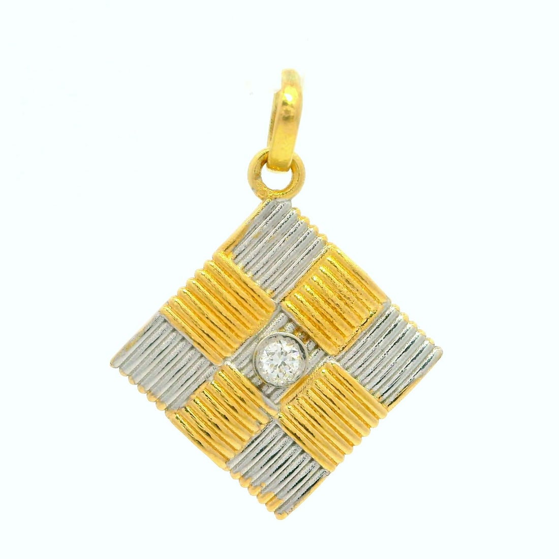 Yellow White Gold 0.06ctw Diamond Basket Weave Charm Pendant: Yellow White Gold 0.06ctw Diamond Basket Weave Charm Pendant This stunning charm pendant features a unique square basket weave design crafted from 17k - 18k yellow and white gold. It showcases 16 natu
