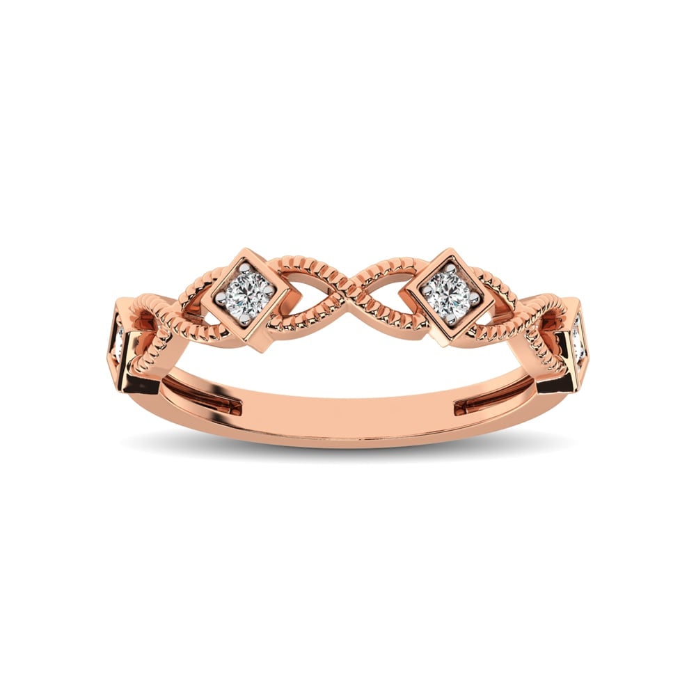 14K Rose Gold 1/8 Ct.tw Diamond Band: 14K Rose Gold 1/8 Ct.tw Diamond Band Create a sensation with this diamond stackable band, crafted in precious 14K Rose Gold, this shimmering design features a filigree design and diamonds in square-sh