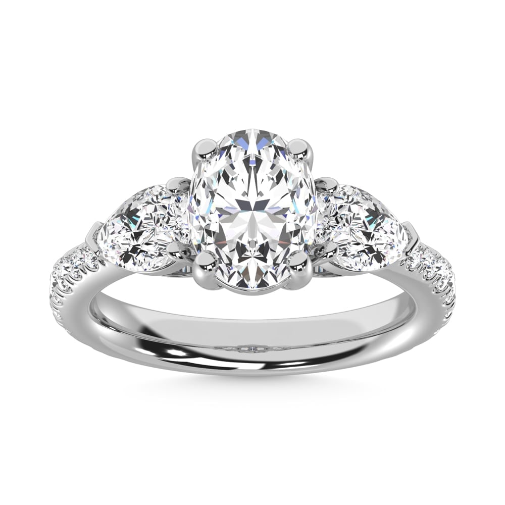 14K White Gold Lab Grown Diamond 5 1/5 Ct.Tw. Oval Shape Three Stone Ring: 14K White Gold Lab Grown Diamond 5 1/5 Ct.Tw. Oval Shape Three Stone Ring This stunning three-stone ring features a sparkling 3 CT Oval Center diamond with two shimmering side diamonds, symbolizing pa