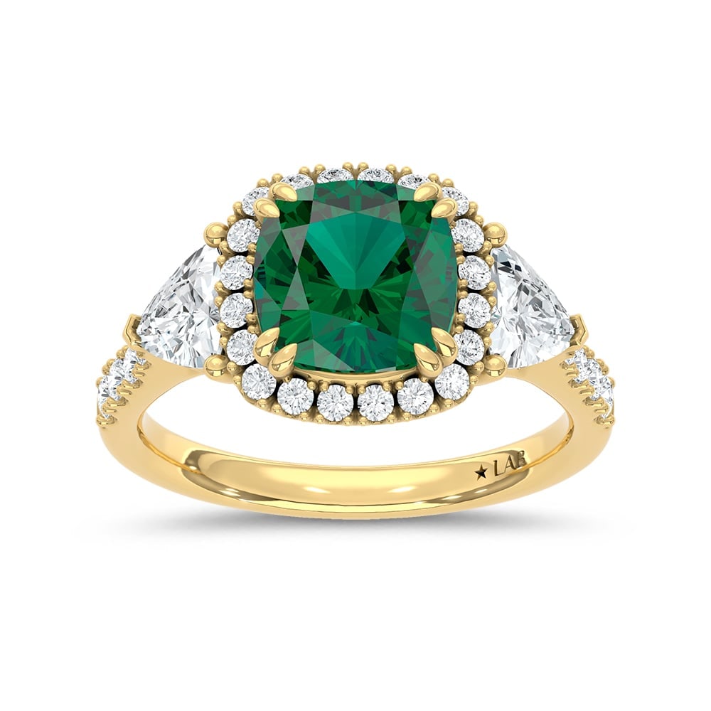 14K Yellow Gold Lab Grown Diamond 3 1/4 Ct.Tw. Cushion Shape Recrystalized Emerald Engagement Ring: 14K Yellow Gold Lab Grown Diamond 3 1/4 Ct.Tw. Cushion Shape Recrystalized Emerald Engagement Ring (Center 2 ct) Celebrate timeless elegance with this 14K yellow gold engagement ring, featuring a lumi