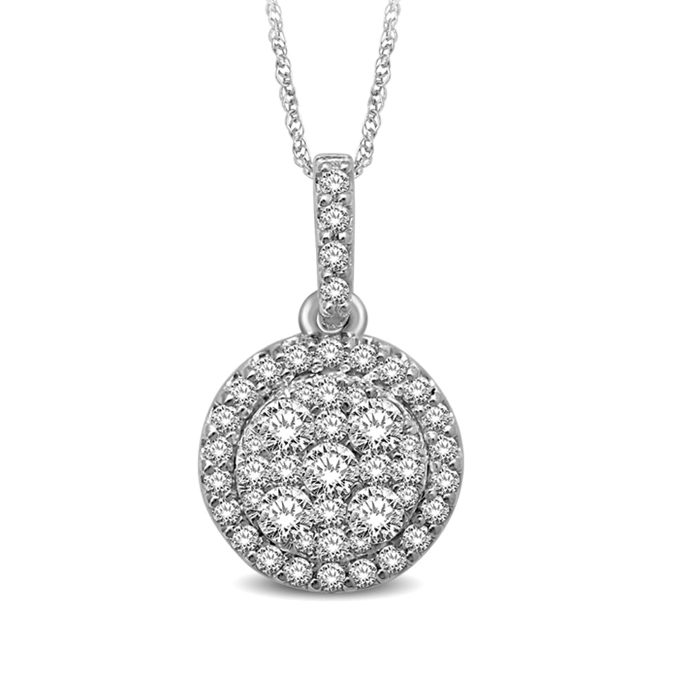 14K White Gold 1 Ct.tw Diamond Fashion Pendant: 14K White Gold 1 Ct.tw Diamond Fashion Pendant This stunning necklace showcases a disc of 14K white gold adorned with sparkling diamonds. Totaling 1 carat in diamond weight, the pendant sways from an