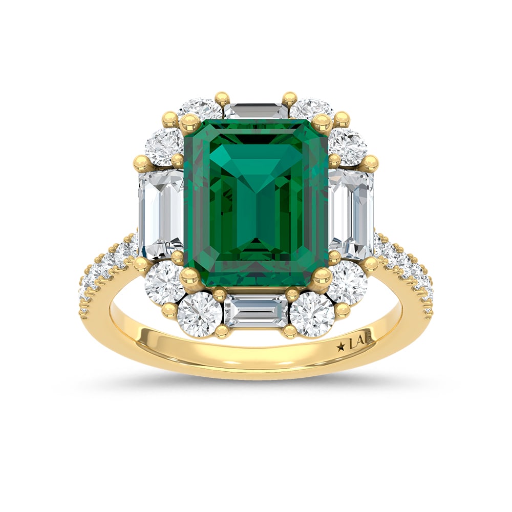 14K Yellow Gold Lab Grown Diamond 4 3/8 Ct.Tw. Cushion Shape Recrystalized Emerald Engagement Ring: 14K Yellow Gold Lab Grown Diamond 4 3/8 Ct.Tw. Cushion Shape Recrystalized Emerald Engagement Ring (Center 3 ct) Celebrate refined elegance with this 14K yellow gold engagement ring, featuring a radia