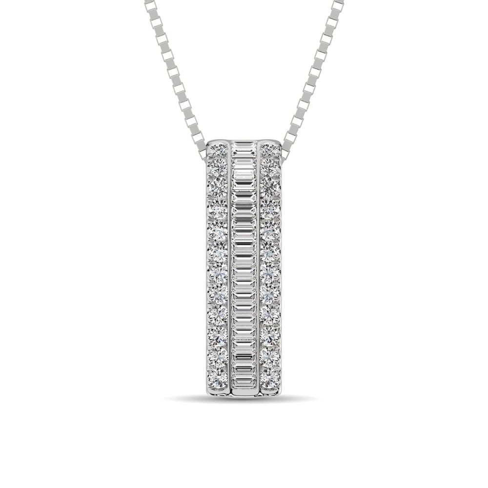 14K White Gold Round and Baguette Diamond 1/3 Ct.Tw. Drop Bar Pendant: 14K White Gold Round and Baguette Diamond 1/3 Ct.Tw. Drop Bar Pendant You'll fall in love with these exquisite diamond pendant ! These hoops are crafted of 14K white gold and showcase a center row of