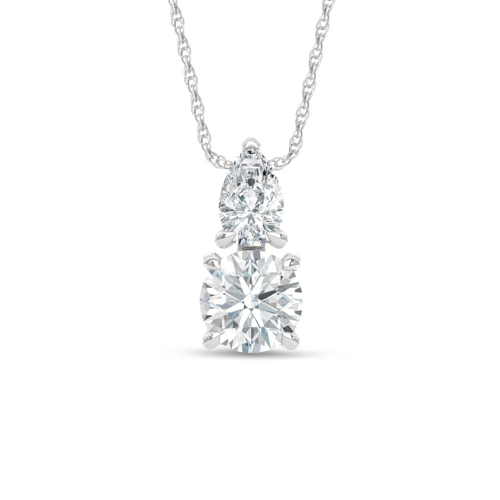 14K White Gold Lab Grown Diamond 1 Ct.Tw. Round and Pear Fashion Pendant: 14K White Gold Lab Grown Diamond 1 Ct.Tw. Round and Pear Fashion Pendant Polished 14K white gold highlights round and pear-shaped lab-grown diamonds totaling 1 carat total weight. 14k White Gold Stone