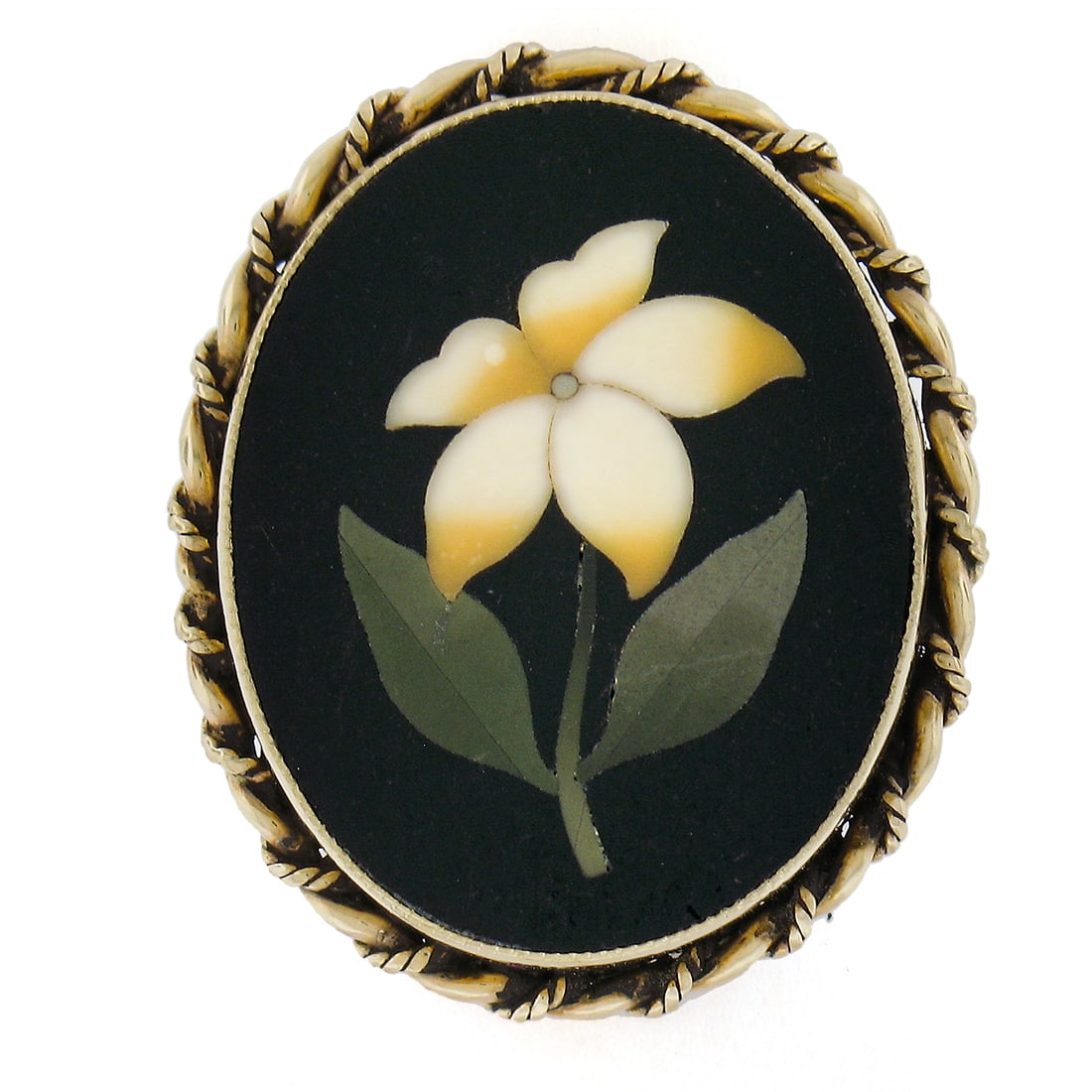 Handmade 14K Yellow Gold Pietra Dura Flower Mosaic Ring: Handmade 14K Yellow Gold Pietra Dura Flower Mosaic Ring This exquisite Handmade 14K Gold Natural Stone Pietra Dura Flower Mosaic Twisted Wire Ring showcases a stunning array of colors and intricate de