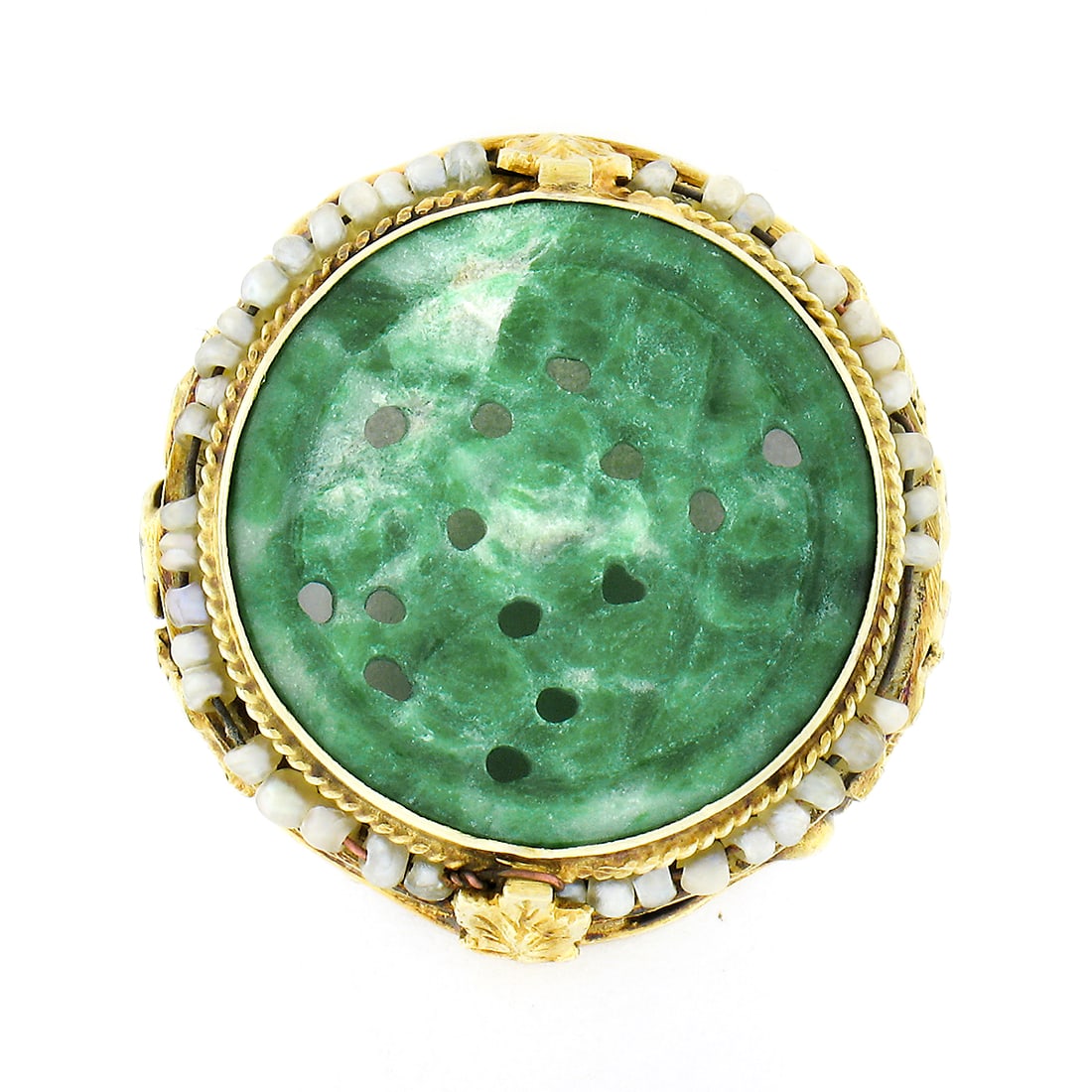 Antique 14k Gold Handmade Leaf Platter Ring with Carved Jade and Seed Pearls: Antique 14k Gold Handmade Leaf Platter Ring with Carved Jade and Seed Pearls This exquisite antique ring is a stunning example of the Arts & Crafts movement, crafted from solid 14k yellow gold. The ce