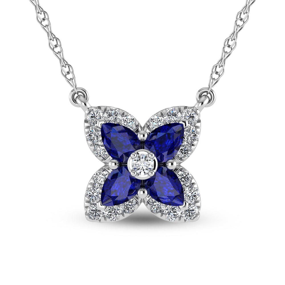 14K White Gold Diamond 7/8 Ct.Tw. & Blue Sapphire Fashion Necklace: 14K White Gold Diamond 7/8 Ct.Tw. & Blue Sapphire Fashion Necklace 14k White Gold Stone Color: G-h Stone Clarity: Si2 This item may take 2-5 weeks for shipping. The Diamond Depot Guarantee: All items