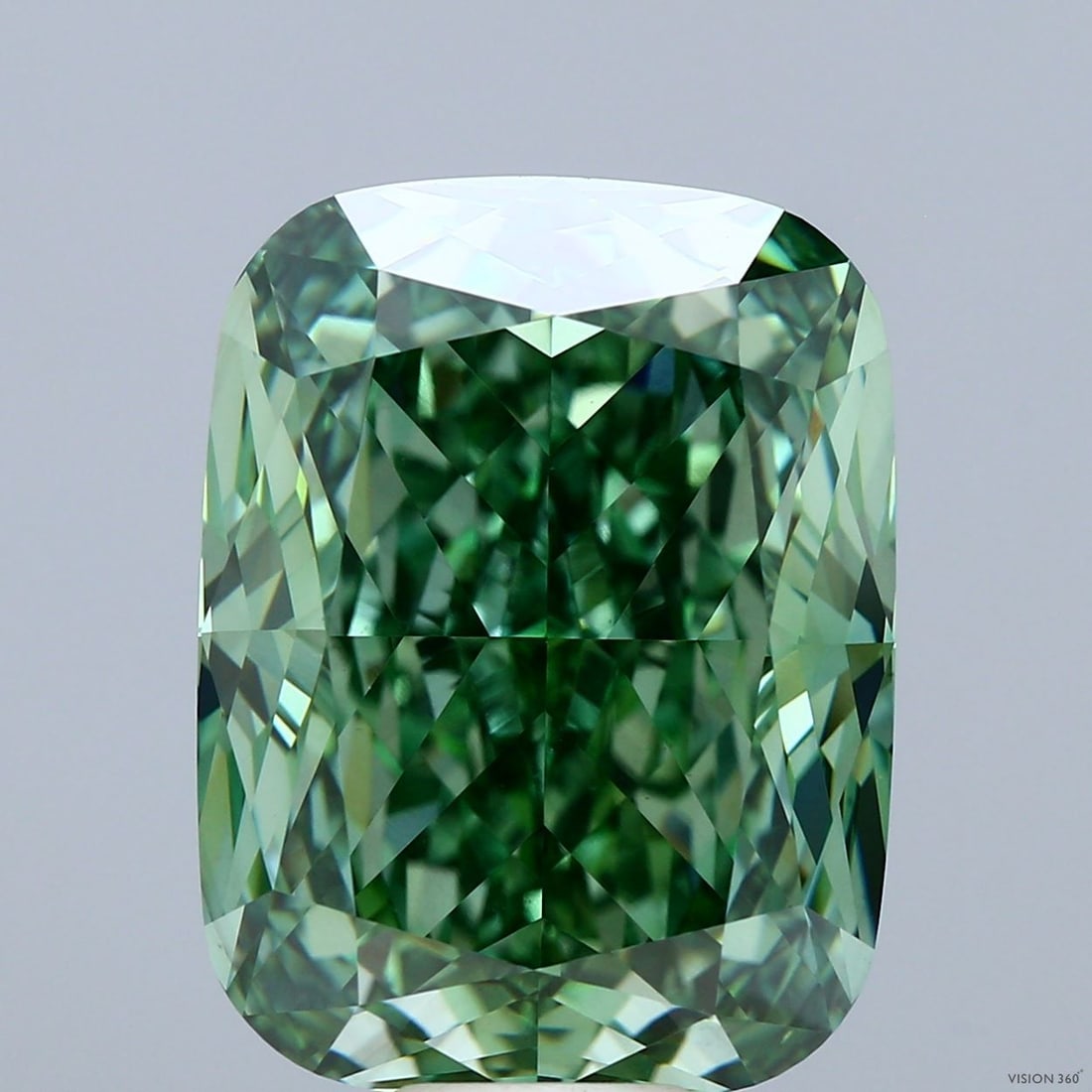 Loose Diamond - CUSHION MODIFIED 15.3ct Fancy Vivid Green VVS2: Loose Diamond - CUSHION MODIFIED 15.3ct Fancy Vivid Green VVS2 Source: This is a real non-mined Diamond that has been grown in a lab Shape: CUSHION MODIFIED Carats: 15.3 Color: Fancy Vivid Green Certi