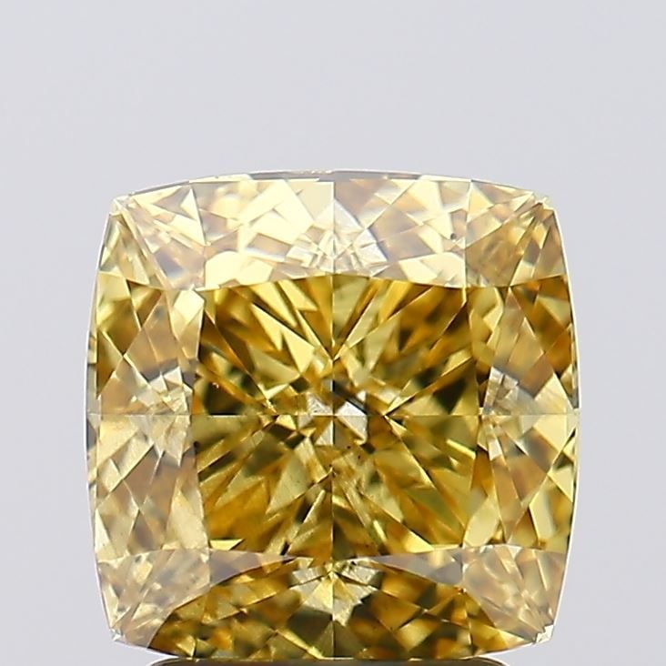 Loose Diamond - CUSHION MODIFIED 2.6ct Fancy Vivid Yellow SI1: Loose Diamond - CUSHION MODIFIED 2.6ct Fancy Vivid Yellow SI1 Source: This is a real non-mined Diamond that has been grown in a lab Shape: CUSHION MODIFIED Carats: 2.6 Color: Fancy Vivid Yellow Certif