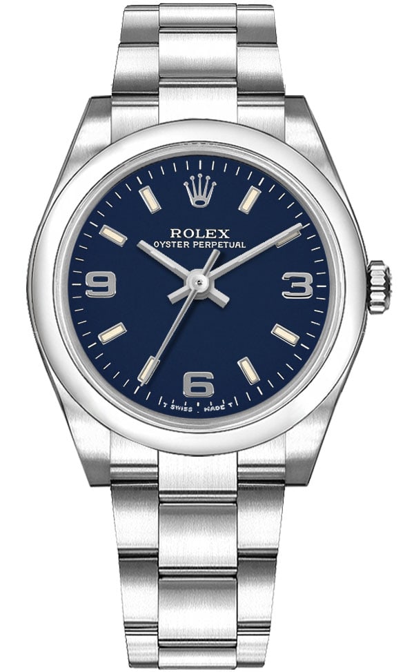Ladies Rolex Oyster Perpetual Blue Dial Reference 67480 Oyster Bracelet: Ladies Rolex Oyster Perpetual Blue Dial Reference 67480 Oyster Bracelet This Rolex Oyster Perpetual wristwatch features a striking blue dial and a smooth bezel. Designed for ladies, it is part of the