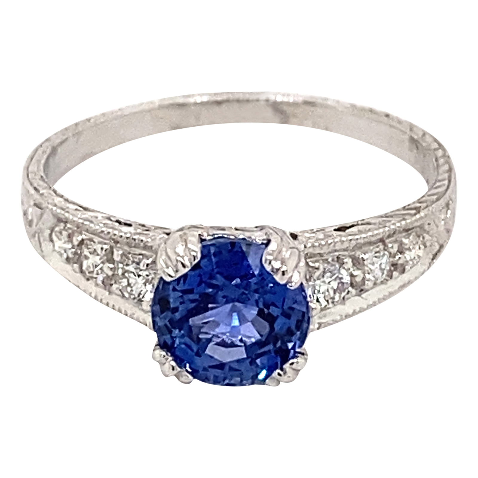 Art Deco 1.59ct Ceylon Sapphire Diamond Ring 18k White Gold: Art Deco 1.59ct Ceylon Sapphire Diamond Ring 18k White Gold This stunning Art Deco style ring showcases a 1.59 carat total gemstone weight, featuring a beautiful center 1.43 carat round Ceylon sapphir