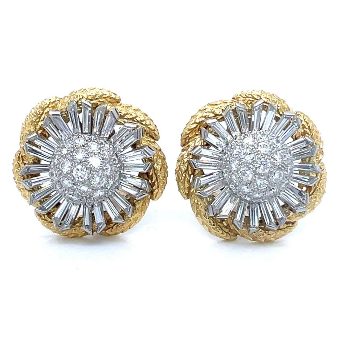 David Webb 18K Gold Platinum 14 Ct Diamond Flower Earrings: David Webb 18K Gold Platinum 14 Ct Diamond Flower Earrings These exquisite David Webb earrings feature a stunning flower design crafted from 18K gold and platinum. The earrings are adorned with a tota