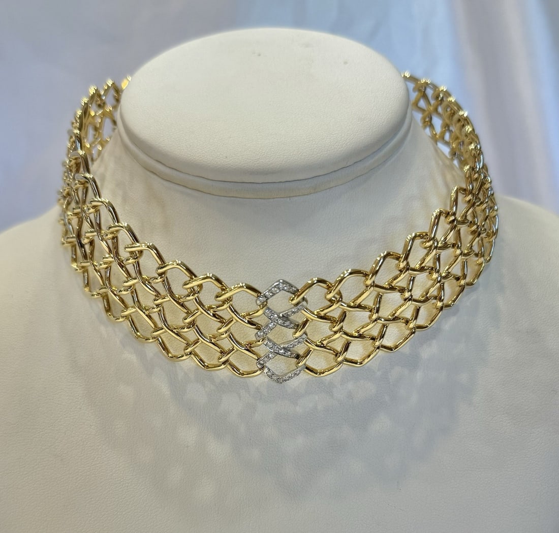 Paloma Picasso Tiffany 18K Gold Diamond Choker Necklace with Box: Paloma Picasso Tiffany 18K Gold Diamond Choker Necklace with Box This exquisite necklace is a stunning creation by Paloma Picasso for Tiffany & Co., crafted in the 1980s from 18k yellow gold and plati