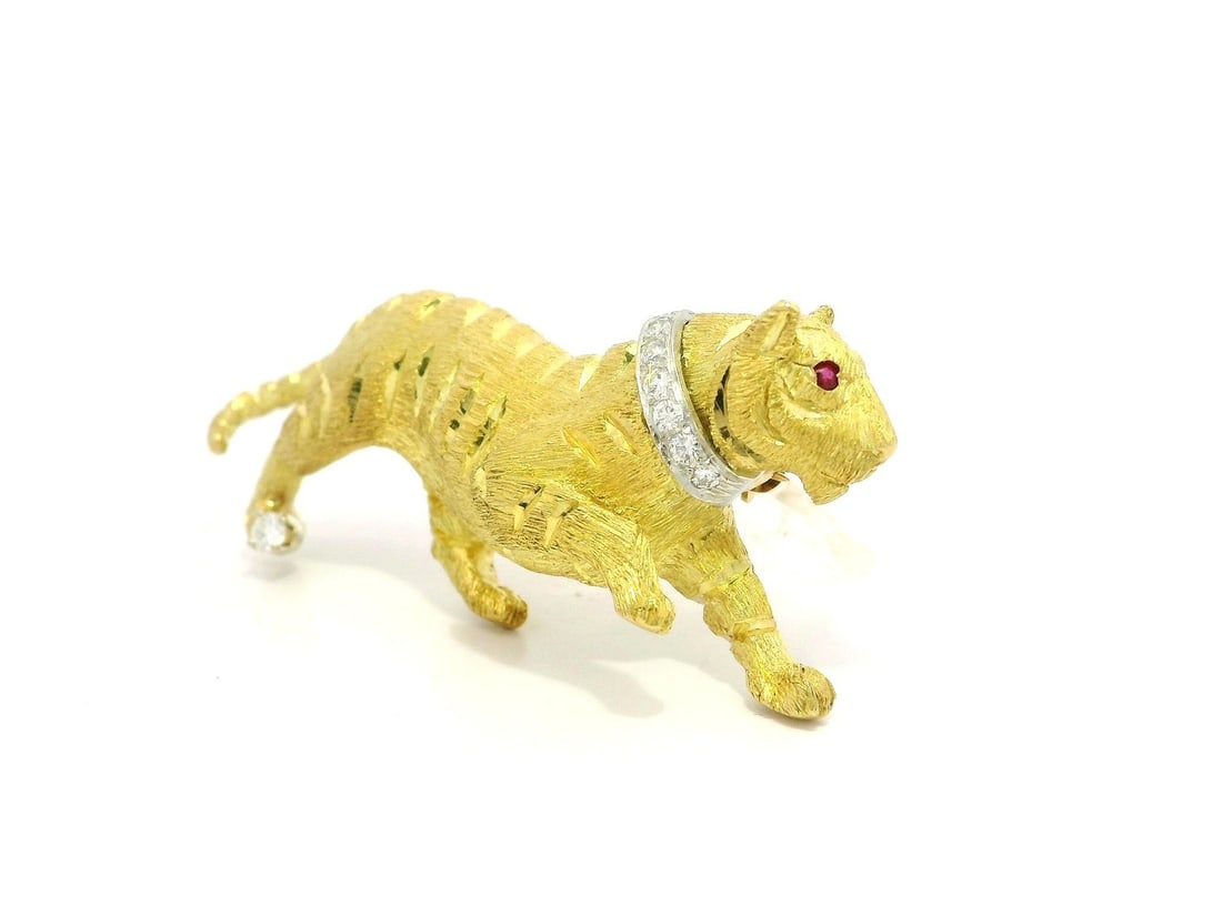 Craig Drake Gold Platinum Diamond Ruby Eye Siberian Tiger Brooch (1 of 9)