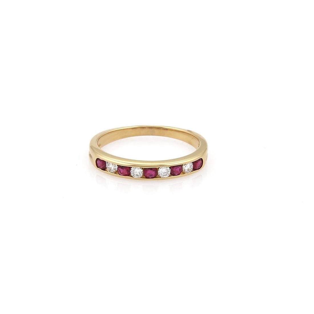 Tiffany & Co. 18k Gold Diamond Ruby Stack Band Ring 3mm: Tiffany & Co. 18k Gold Diamond Ruby Stack Band Ring 3mm This exquisite band ring from Tiffany & Co. showcases a blend of elegance and luxury. Crafted from 18k yellow gold with a polished finish, this
