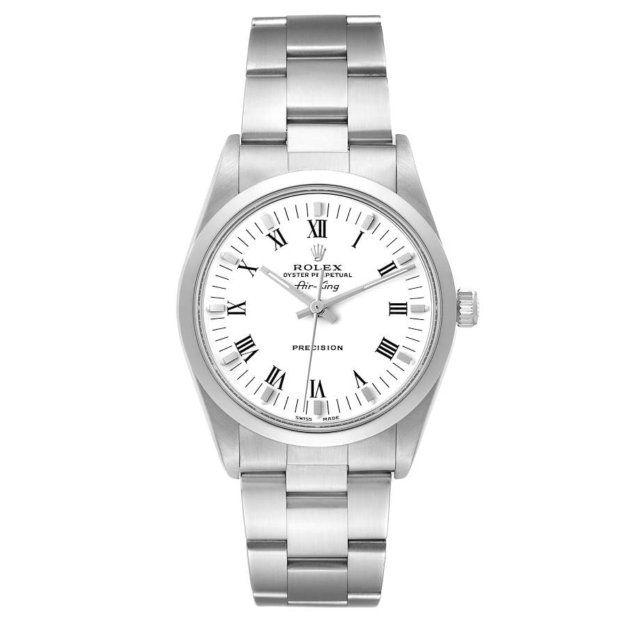 Rolex Air-King 14000 Oyster Bracelet White Roman Dial Watch: Rolex Air-King 14000 Oyster Bracelet White Roman Dial Watch This Rolex Air-King features a white Roman numeral dial and a smooth bezel, crafted for unisex wear. The timepiece comes with the signature