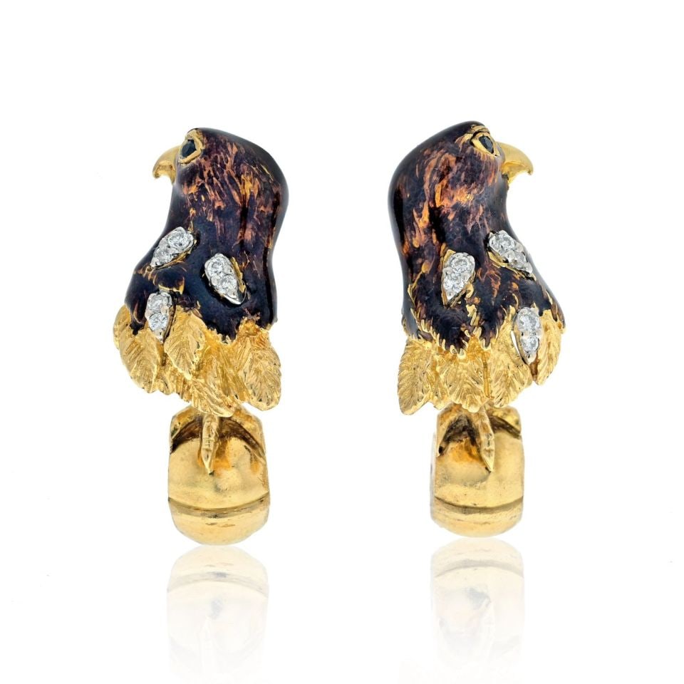 Tiffany & Co. 18K Yellow Gold Falcon Enameled Cuff Links with Diamonds: Tiffany & Co. 18K Yellow Gold Falcon Enameled Cuff Links with Diamonds Enhance your formal attire with these exquisite Tiffany & Co. cuff links featuring a stunning falcon design. Crafted from 18K yel
