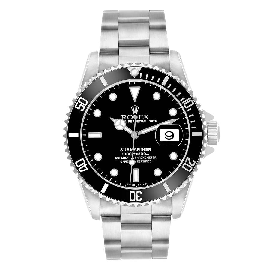 Rolex 16610 Submariner Oyster Bracelet Black Dial with Papers 1997: Rolex 16610 Submariner Oyster Bracelet Black Dial with Papers 1997 This Rolex Submariner features a black dial and an aluminum bezel, complemented by an Oyster bracelet. The watch is identified by ref