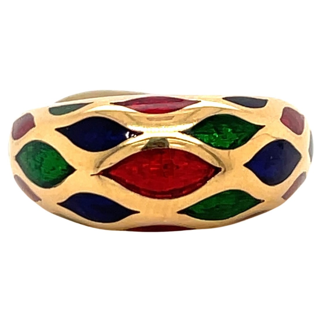 Harbor Diamonds 18K Yellow Gold Dome Enamel Ring Red Green Blue: Harbor Diamonds 18K Yellow Gold Dome Enamel Ring Red Green Blue This stunning 18 Karat Yellow Gold Dome Ring features vibrant enamel accents in red, green, and blue, creating a striking contemporary d