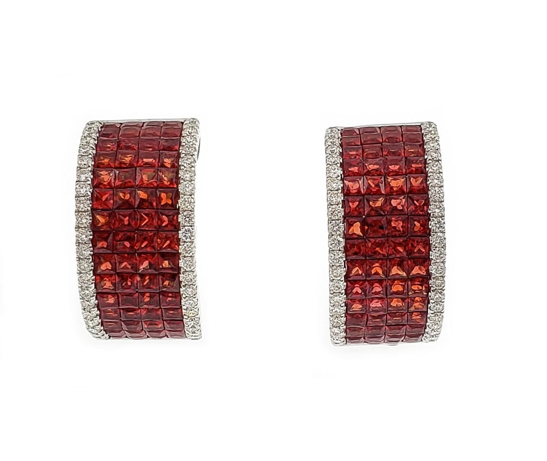 18k White Gold Hoop Earrings with 6.74ct Padparadscha Sapphire and Diamonds: 18k White Gold Hoop Earrings with 6.74ct Padparadscha Sapphire and Diamonds This exquisite pair of wide hoop earrings is crafted from luxurious 18k white gold and features a striking design. Each earr