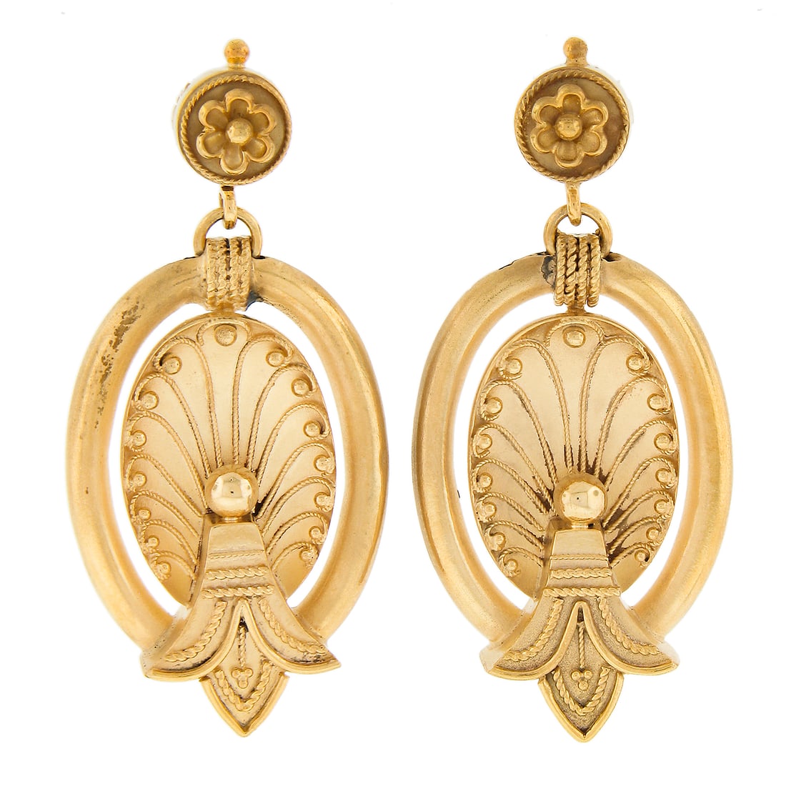 Antique Etruscan Revival 18K Yellow Gold Floral Dangle Earrings (1 of 6)