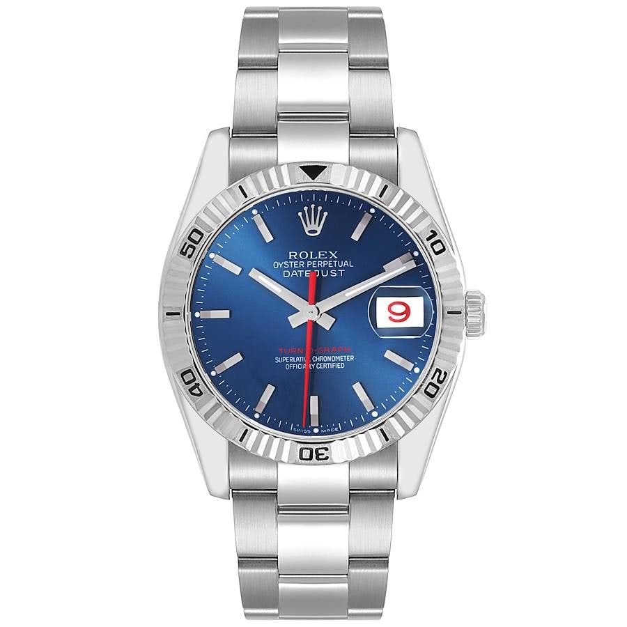 Rolex Datejust 116264 Oyster Bracelet Blue Stick Dial with Card 2010: Rolex Datejust 116264 Oyster Bracelet Blue Stick Dial with Card 2010 This Rolex Datejust features a blue stick dial and an Oyster bracelet, presenting a classic and versatile look. The watch has a Tur