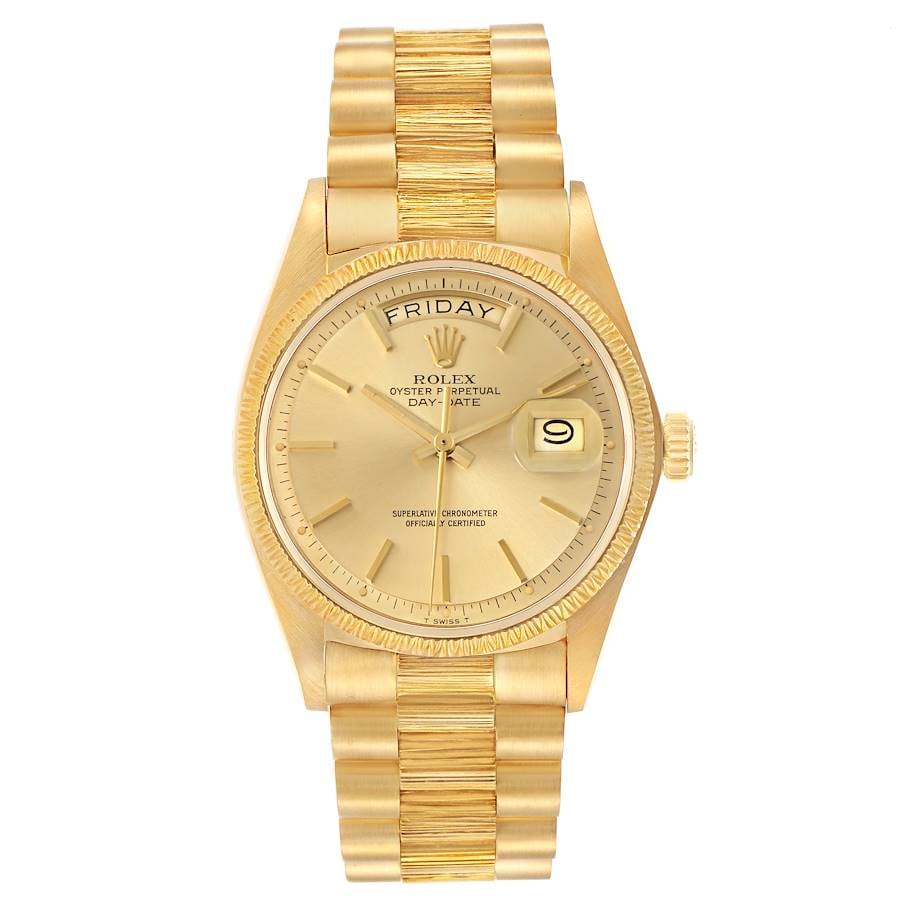 Day-Date Bark Reference 1807 Mens Watch with Champagne Stick Dial and President Bracelet: Day-Date Bark Reference 1807 Mens Watch with Champagne Stick Dial and President Bracelet This Rolex Day-Date Bark features a champagne stick dial, bark bezel, and a President Bark bracelet with an old