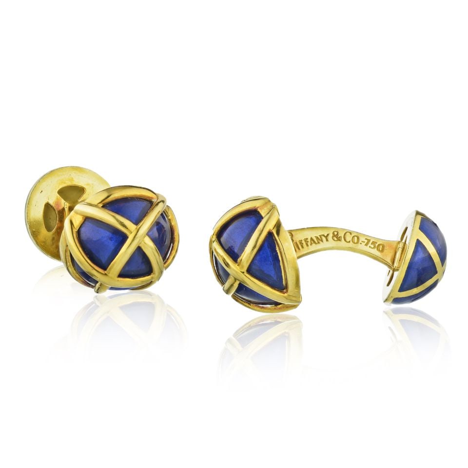 Tiffany & Co. Schlumberger Vintage Platinum 18K Yellow Gold Blue Enamel Cuff Links: Tiffany & Co. Schlumberger Vintage Platinum 18K Yellow Gold Blue Enamel Cuff Links Elevate your accessory collection with these stunning cuff links crafted from Platinum and 18K Yellow Gold. Designed
